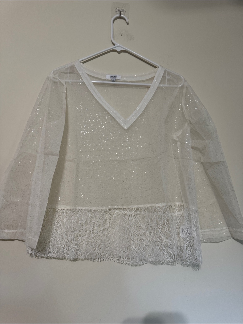 Sheer White V-Neck Lace-Hem Blouse